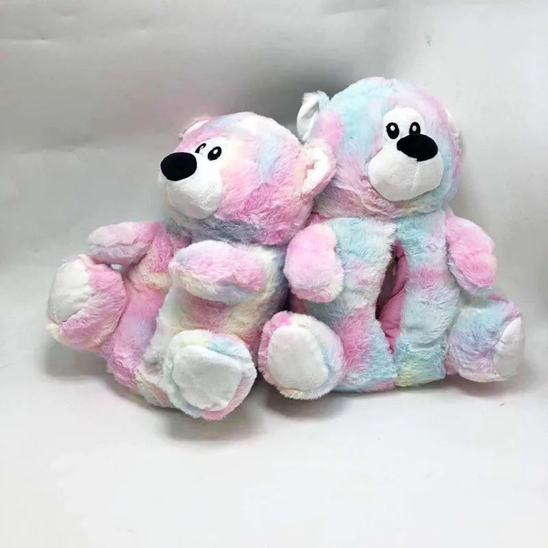 Women'S Cute Teddy Bear Home Slippers Winter Cartoon Furry Sliders Indoor One Size Plush Warm Slides House Floor Ladies Slippers